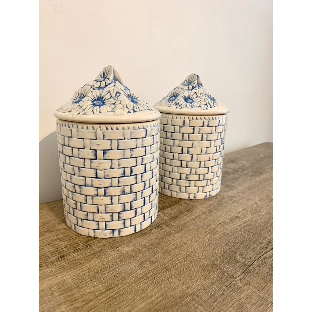 Vintage Lefton Blue & White Daisy Canisters - Set of Two Vintage Kitchen