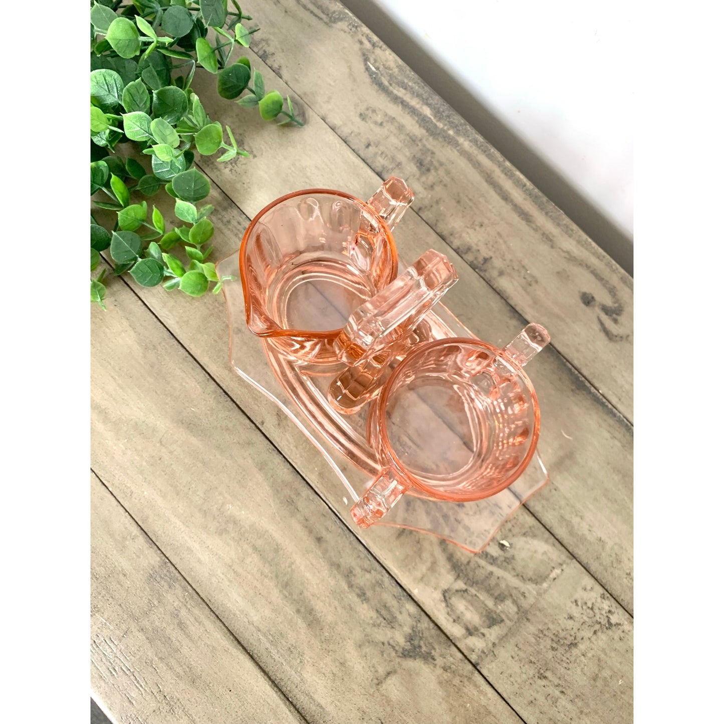 Vintage Cambridge Pink Depression Glass Cream and Sugar Set with Caddy