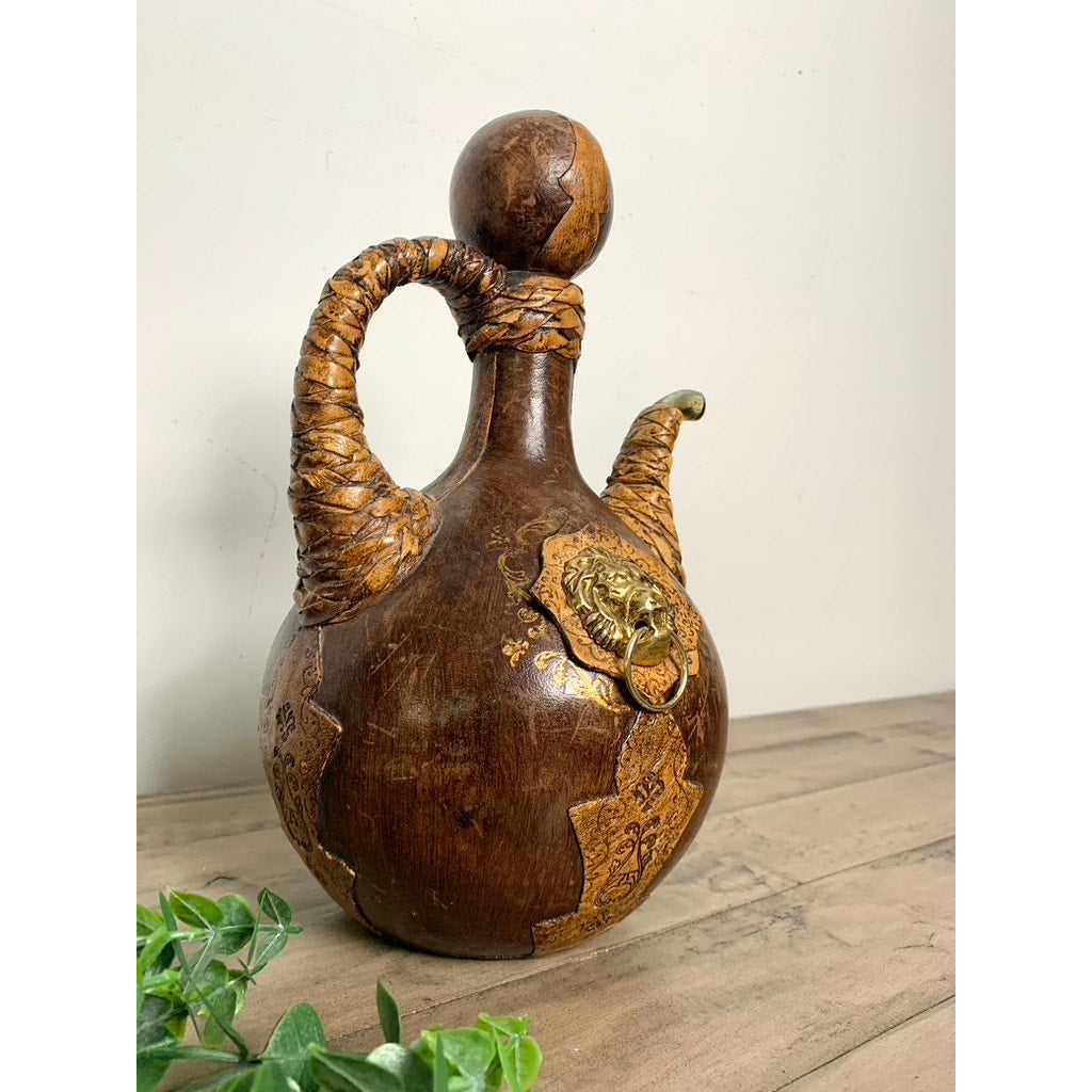 Vintage Italian Leather Lion Head Decanter Bottle Brass Ring Stopper Old Money