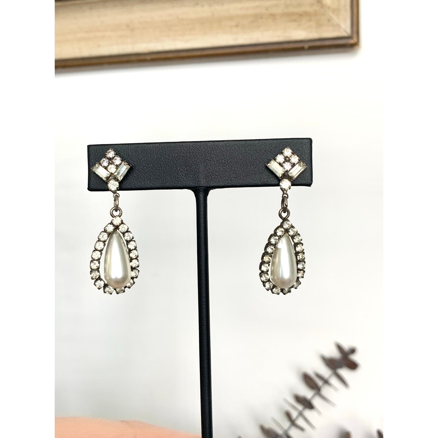 Vintage Art Deco Rhinestone Faux Pearl Drop Earrings Teardrop Bridal Dangle Post Back