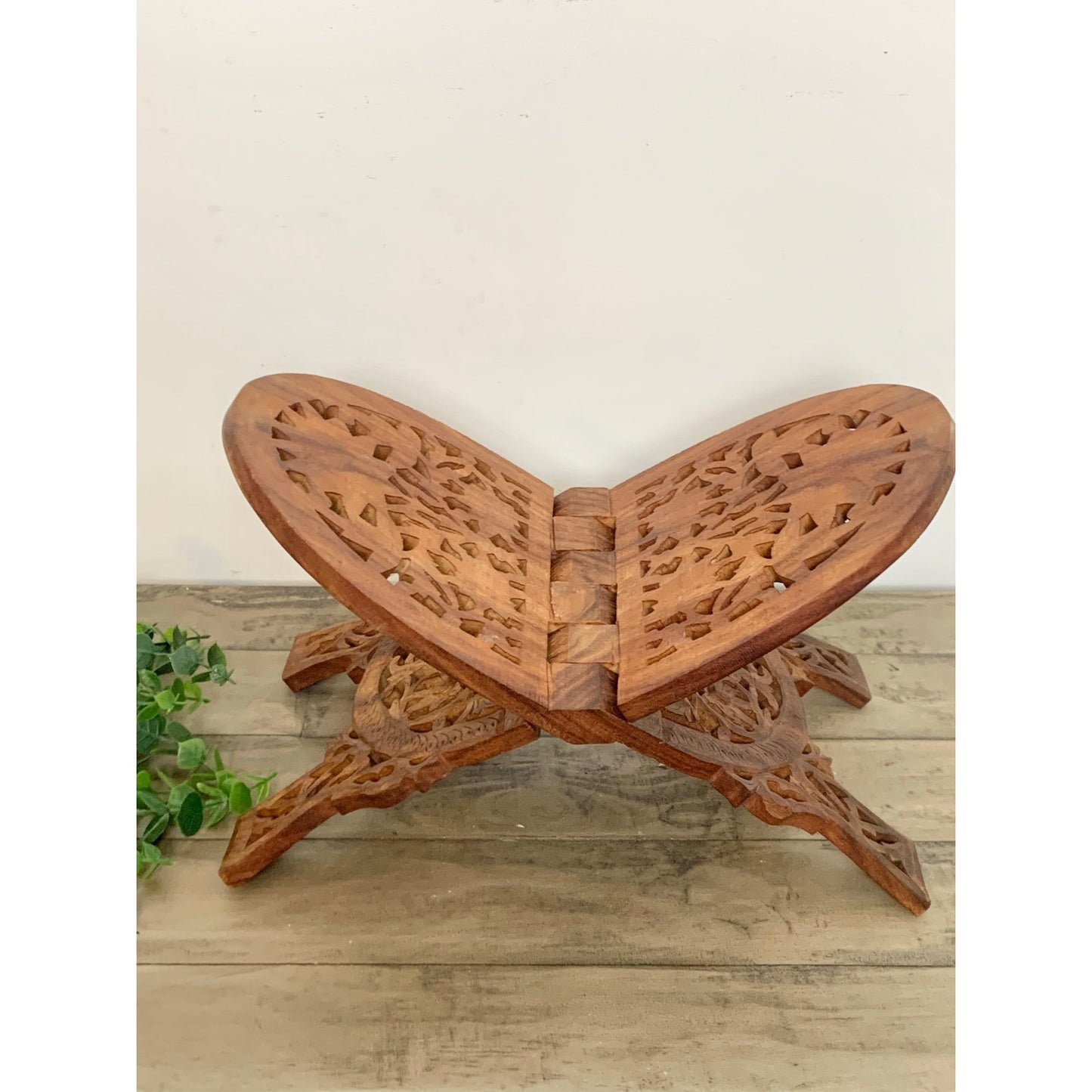 Vintage Hand Carved Wooden Book Stand Folding Ornate Cookbook Holder Mid Century