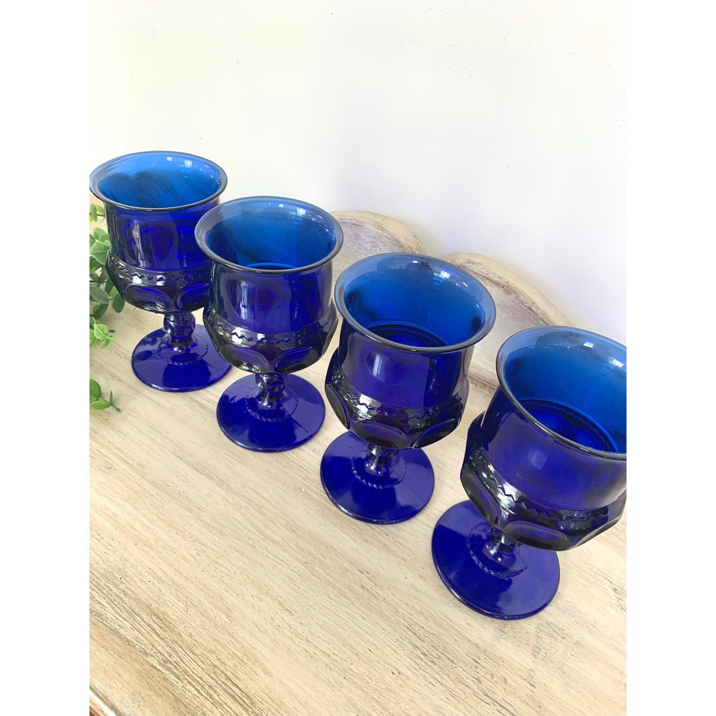 Vintage Indiana Glass Kings Crown Cobalt Blue Goblets Set of 4 Wine Glasses Mid Century