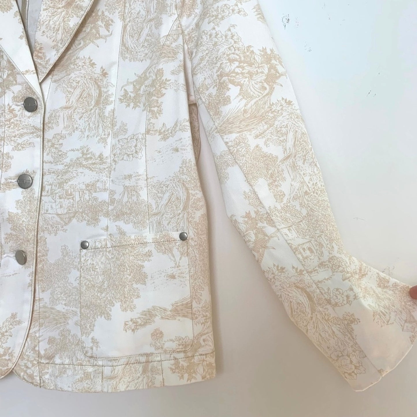 Evan Picone Toile Print Blazer White Beige Stretch Denim Jacket Structured Size 10