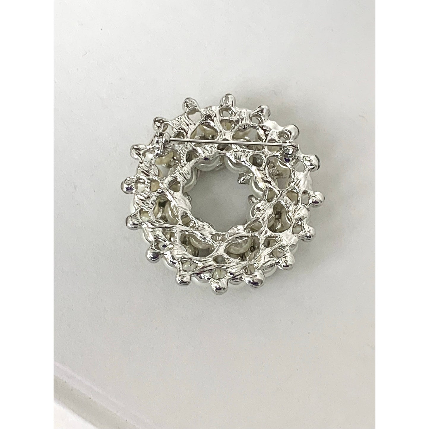 Vintage Faux Pearl and Rhinestone Wreath Brooch Classic Circle Pin Elegant Jewelry