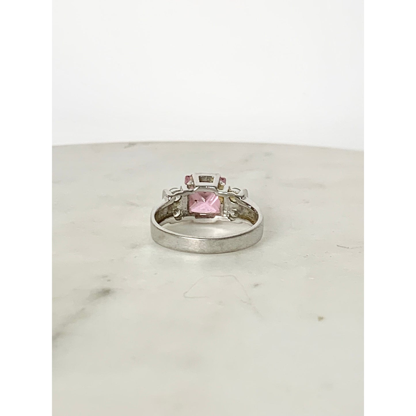 Vintage Sterling Silver Pink Princess Cut CZ Ring Size 8.25 Cocktail Art Deco