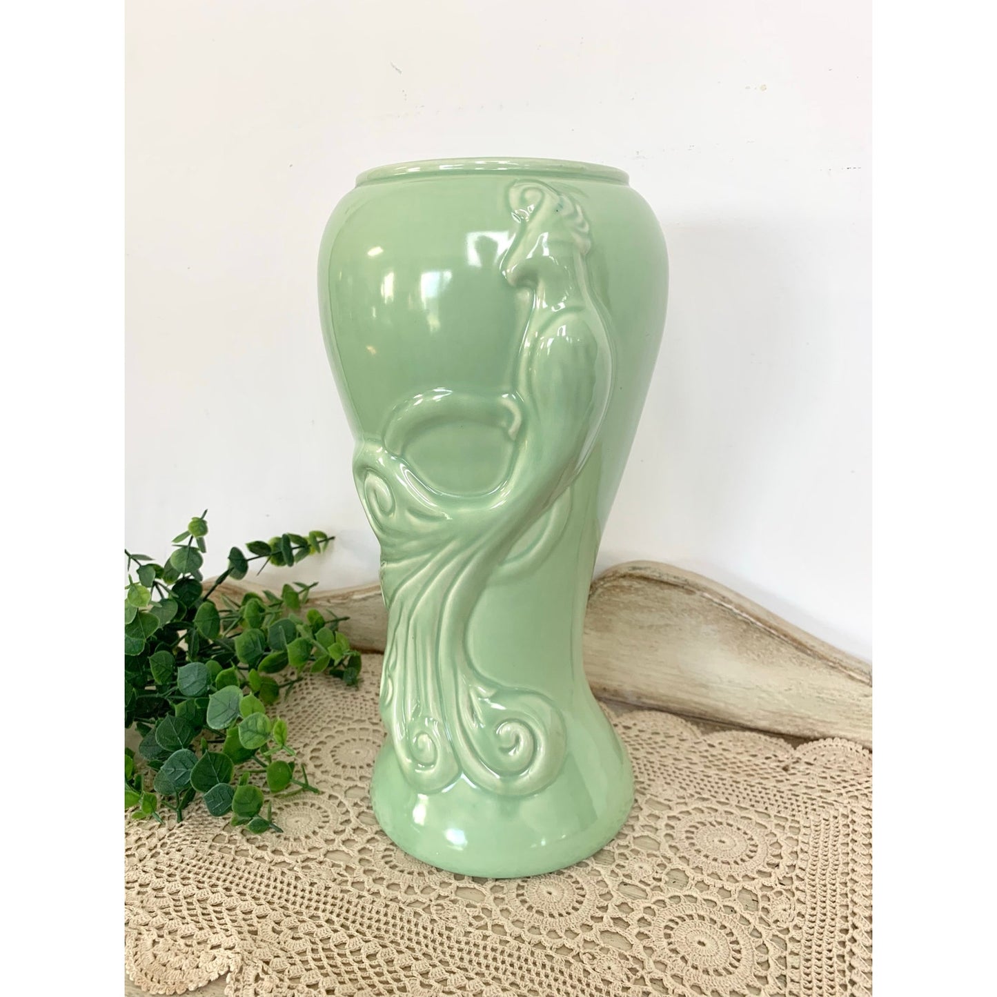 Vintage West Coast Pottery Green Bird Vase Art Deco Style Ceramic 12 Inch
