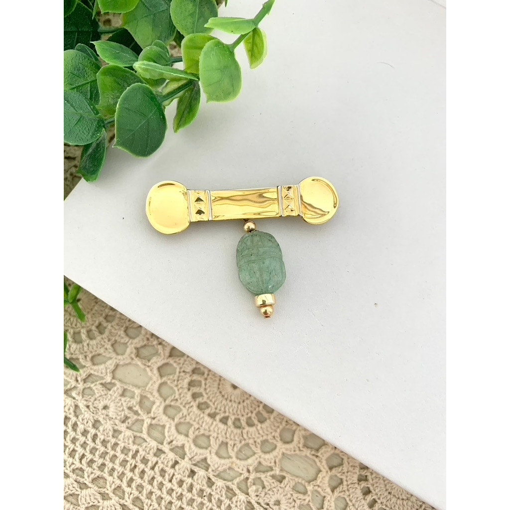 Vintage Gold Tone Bar Brooch with Green Stone Dangle Jade Style Drop Pin