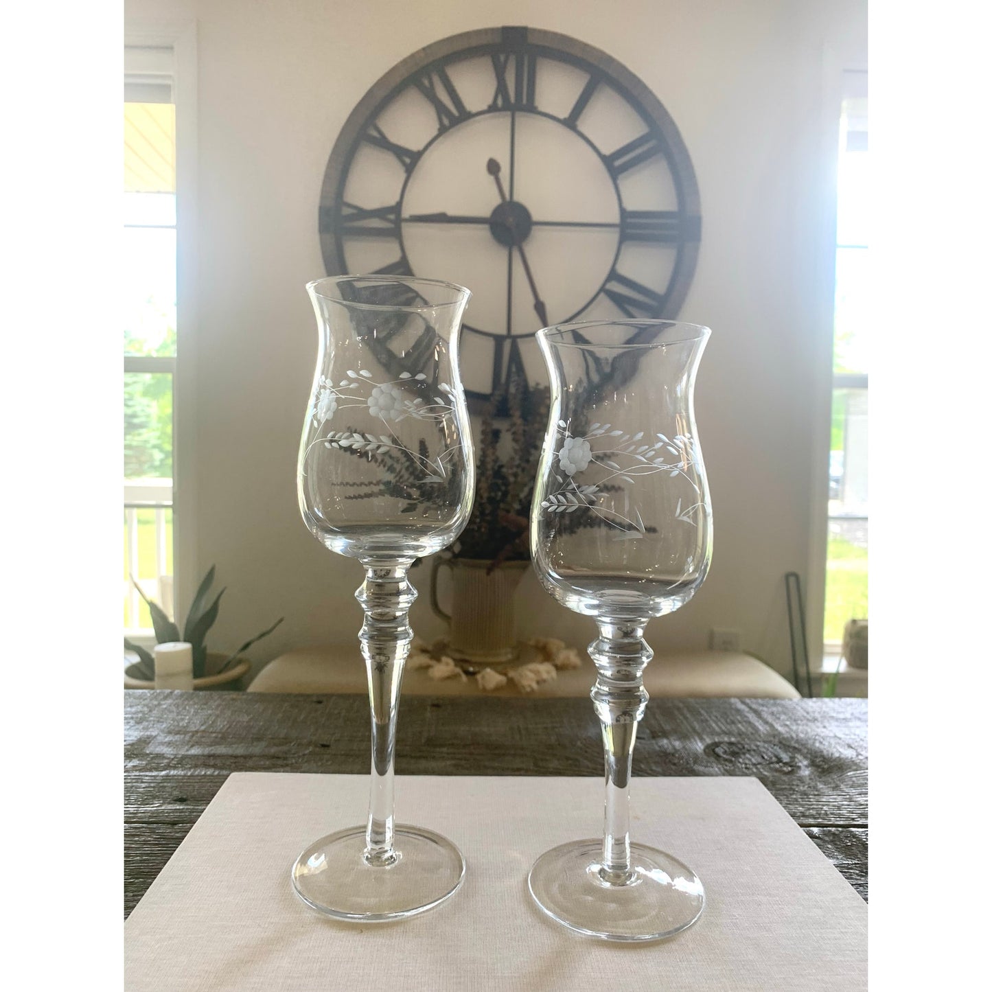 Vintage Princess House Etched Glass Hurricane Candle Holders – Floral Design, Set of 2
