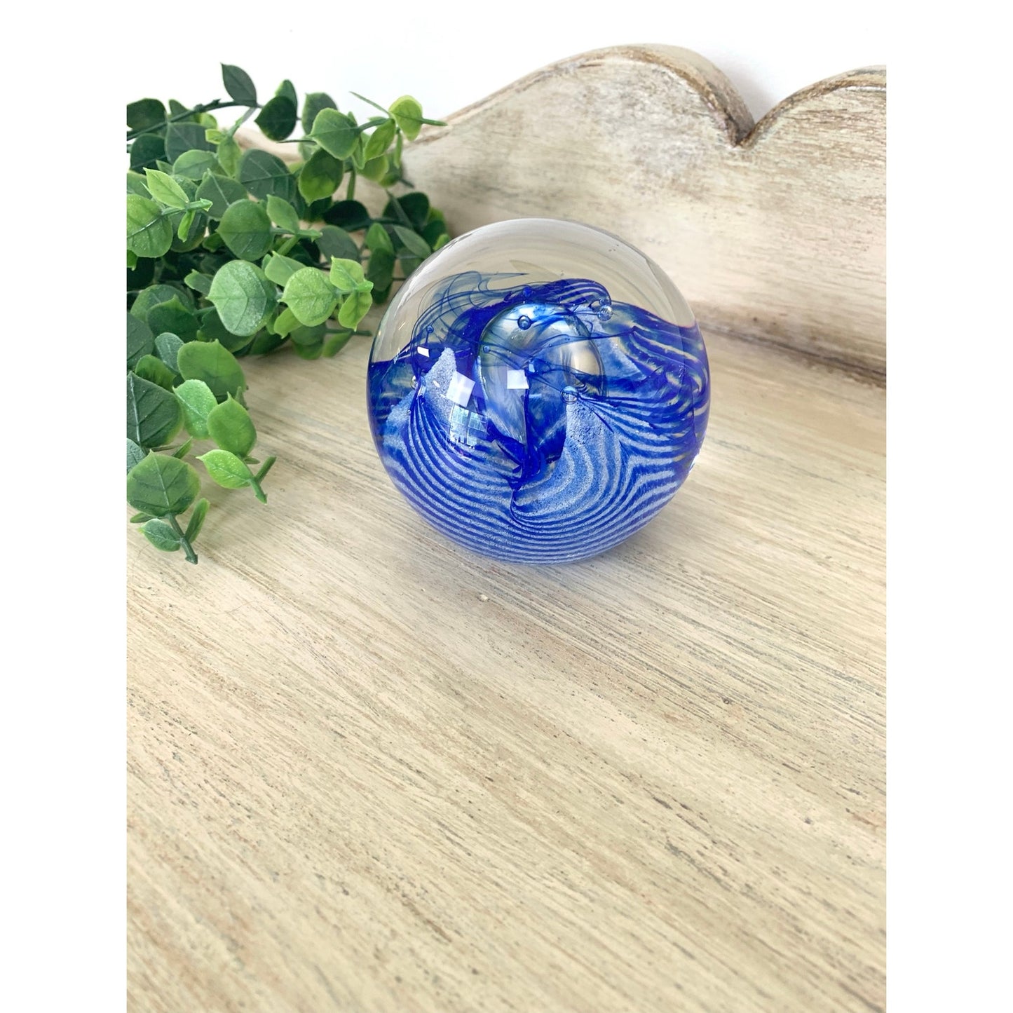 Vintage Caithness Blue Swirl Glass Paperweight Signed Scottish Art Glass Mid Century Style
