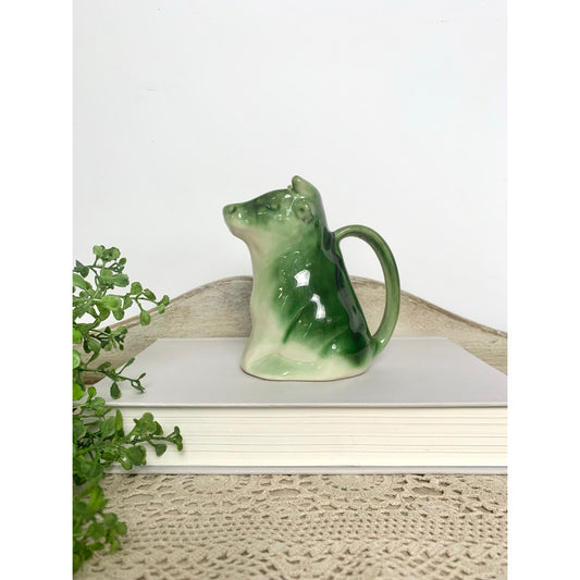 Vintage Green Ceramic Cow Creamer Vase Farmhouse Decor Mini Pitcher Cottagecore
