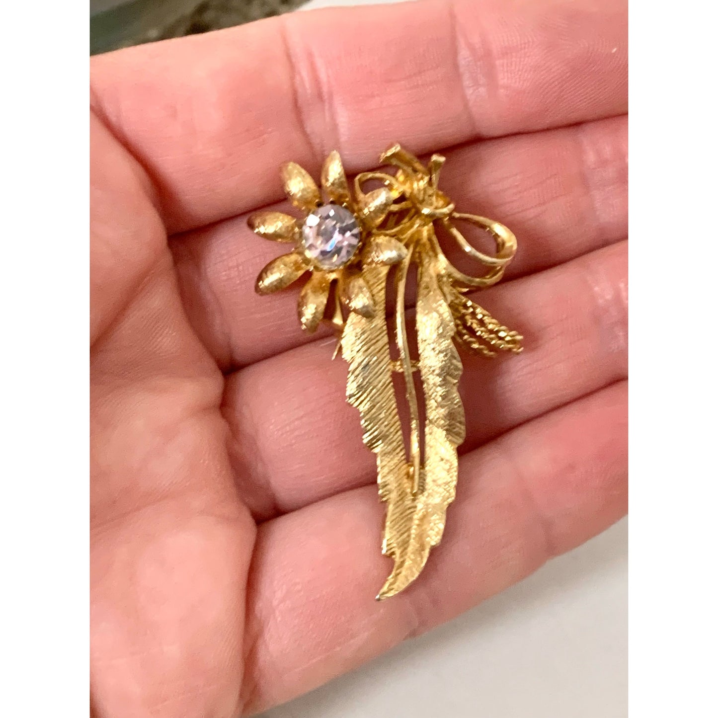 Vintage Goldtone Floral Brooch Lavender Purple Rhinestone Flower Ribbon Leaf Pin